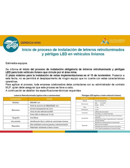 Letreros Retroiluminados, Exigencia Antofagasta Minerals (Pelambres).